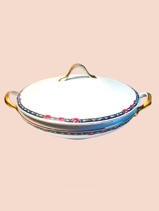 Vintage Other - VINTAGE Covered Vegetable Dish with Gold Handles Navy Blue band of flowers